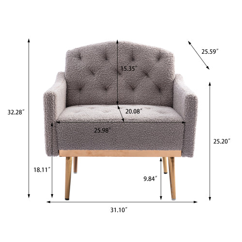 ECCELLENSEDIE Faux Leather Accent Chair with Arms for Living Room, Modern Tufted Single Sofa Armchair Gold Metal Legs Upholstered Reading Bedroom Office Decorative (Grey)